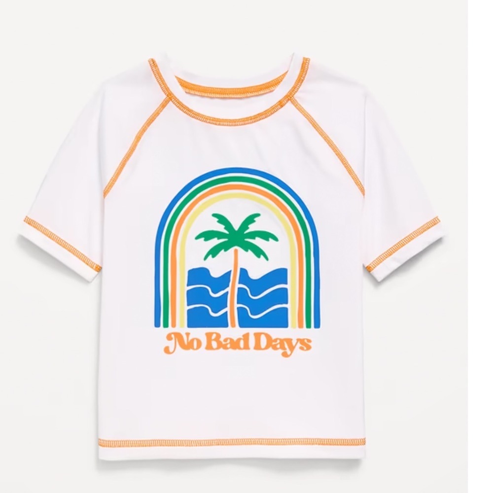 Old Navy Kids White No Bad Days Rainbow Palm Tree Rash Guard Swim Shirt 4T NEW